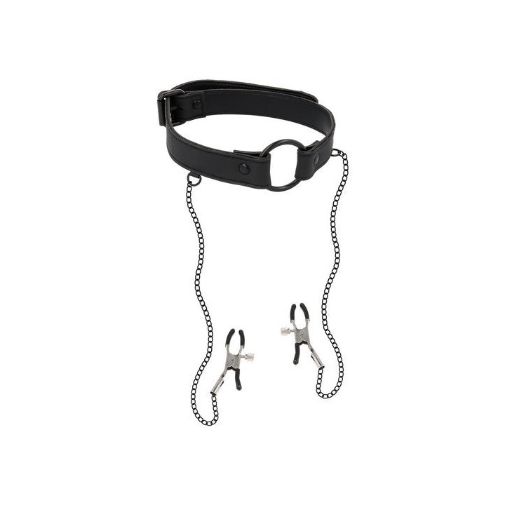 FETISH SUBMISSIVE O RING GAG MORDAZA Y PINZAS PARA PEZONES CUERO VEGANO
