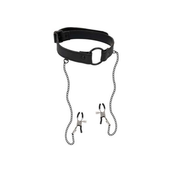 FETISH SUBMISSIVE O RING GAG MORDAZA Y PINZAS PARA PEZONES CUERO VEGANO