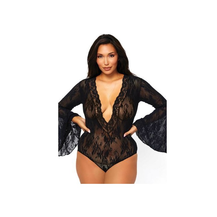BODY TEDDY ENCAJE FLORAL MANGA LARGA ACAMPANADA TALLA GRANDE